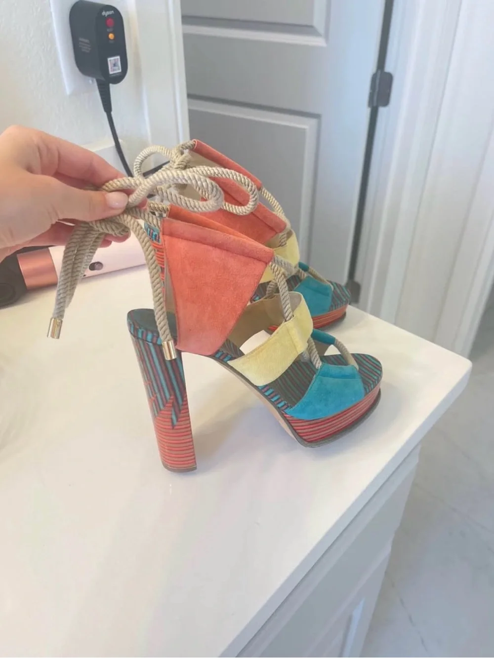 Jimmy Choo Multicolor Suede Platform Heel in Coral, Teal & Yellow